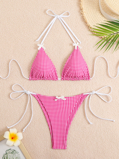 New style lace-up bikini plaid print multi-color swimsuit